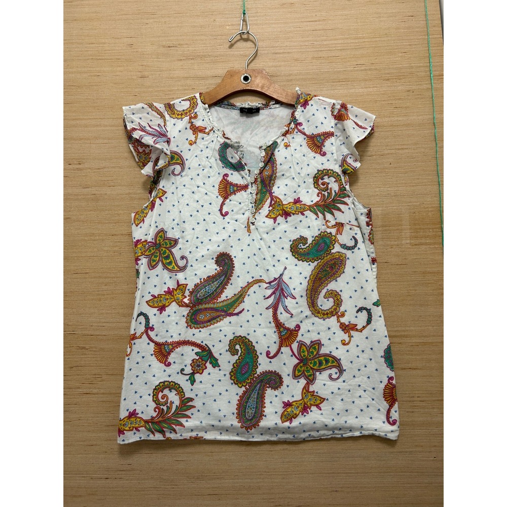 Talbots Womens Paisley Flutter Sleeve Henley Top White Multi Color Cotton Size M